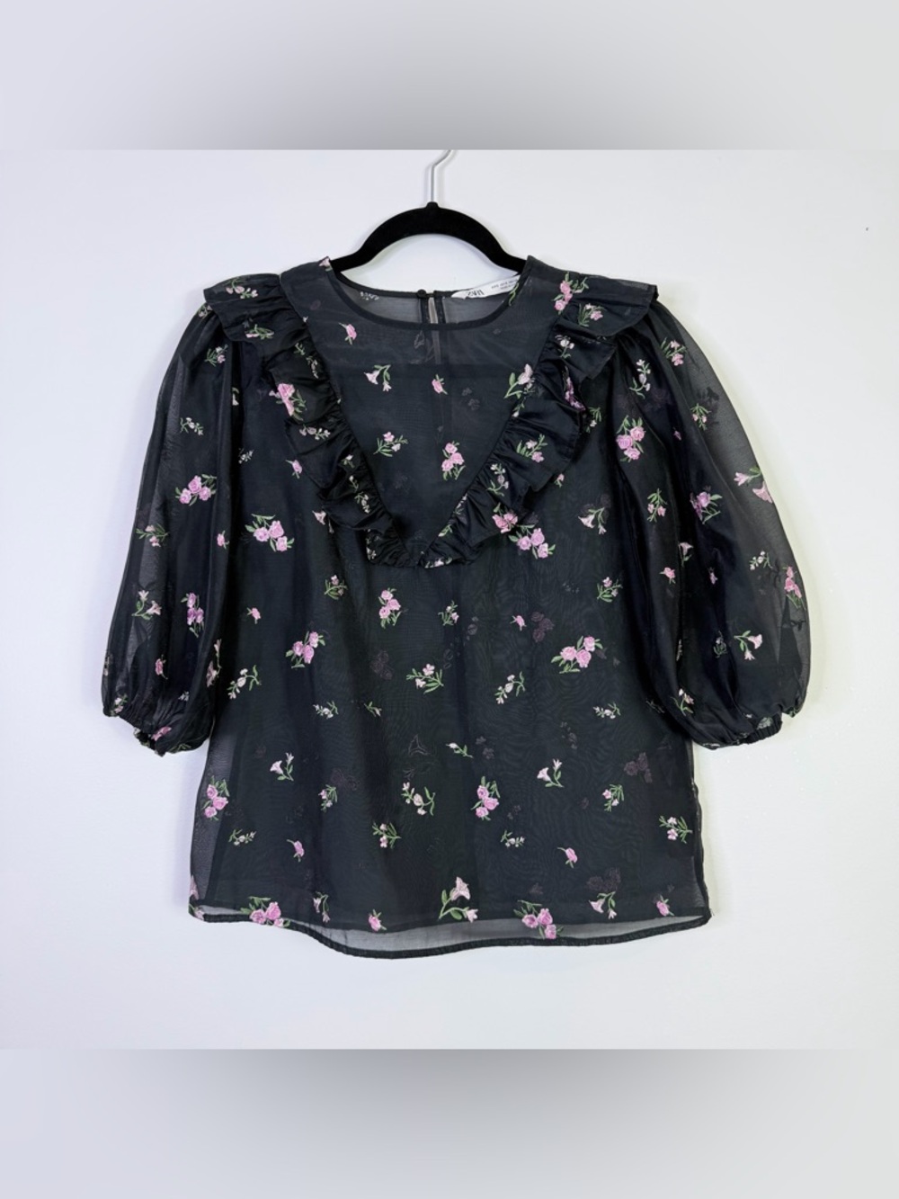 Zara | Alice Organza Sheer Black Floral Ruffle V-Neck Blouse S